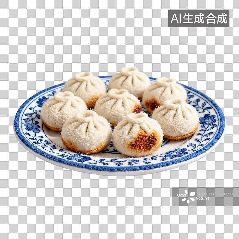 【AI数字艺术】3D羊毛毡风格美食成品菜肴元素生煎包图片素材