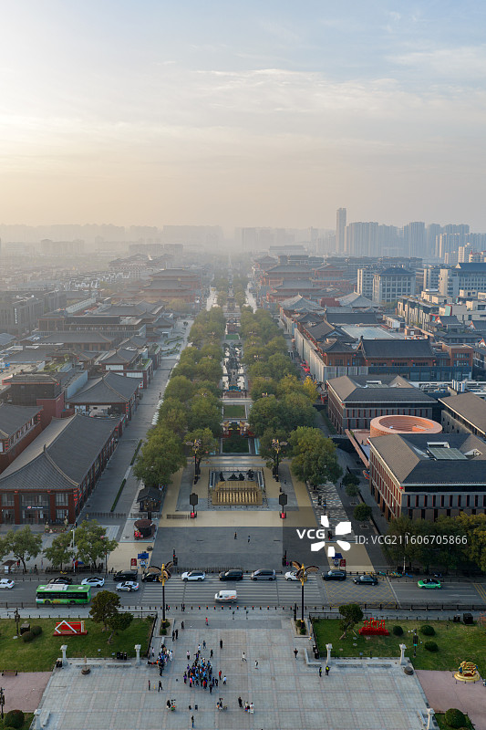 西安市大唐不夜城日出航拍风光图片素材