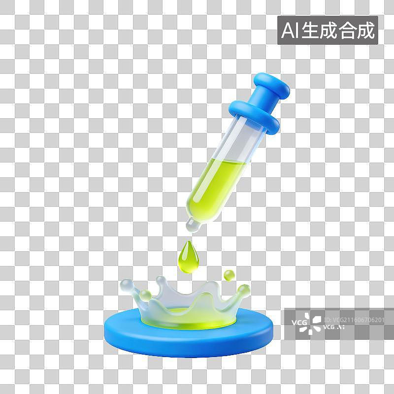 【AI数字艺术】3D磨砂玻璃材质教育主题化学课滴管内有液体向下滴落溅起水花元素图片素材