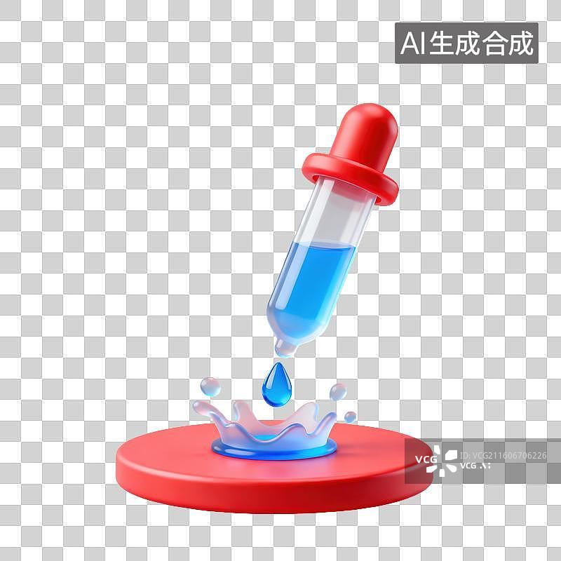 【AI数字艺术】3D磨砂玻璃材质教育主题化学课滴管内有液体向下滴落溅起水花元素图片素材