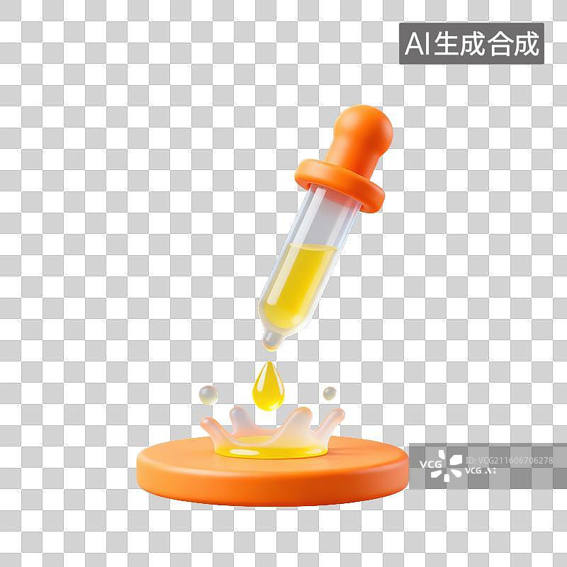 【AI数字艺术】3D磨砂玻璃材质教育主题化学课滴管内有液体向下滴落溅起水花元素图片素材