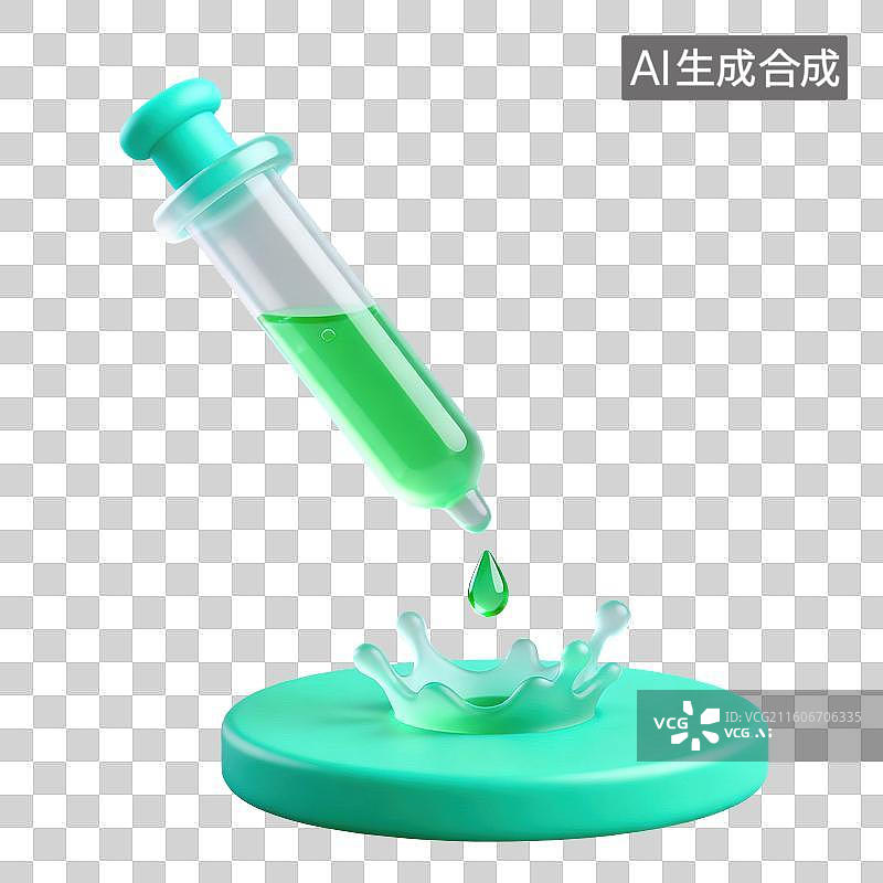 【AI数字艺术】3D磨砂玻璃材质教育主题化学课滴管内有液体向下滴落溅起水花元素图片素材