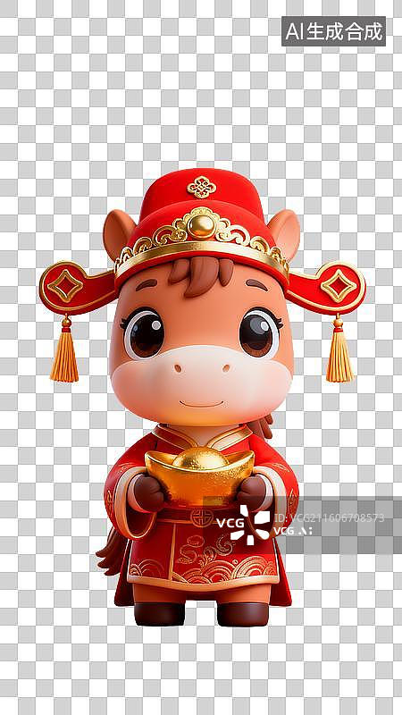 【AI数字艺术】穿红衣戴帽的卡通牛手持金元宝图片素材