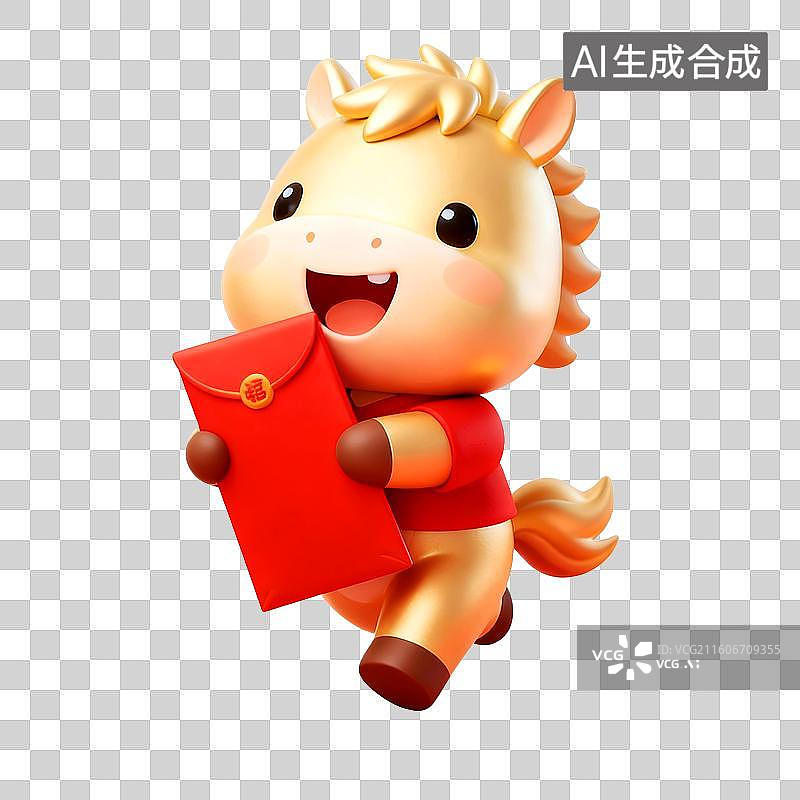【AI数字艺术】3D穿着红色衣服的可爱拟人小马抱着红包跑来图片素材