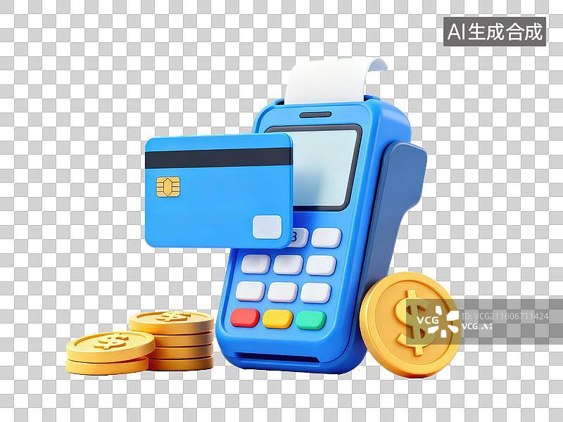 【AI数字艺术】蓝色支付终端与信用卡和金币图片素材