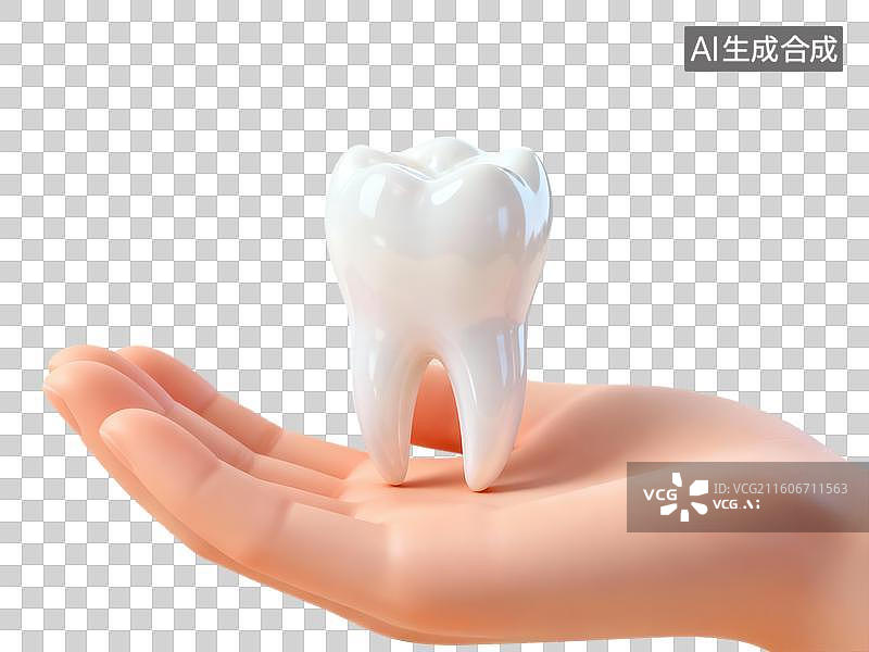 【AI数字艺术】手掌托着一颗白色牙齿模型图片素材