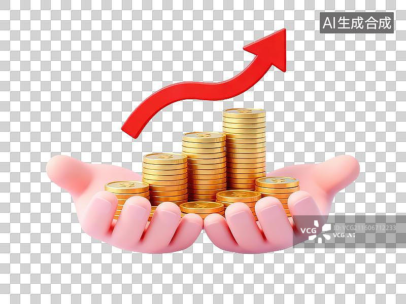 【AI数字艺术】双手托举金币堆与上升箭头图片素材