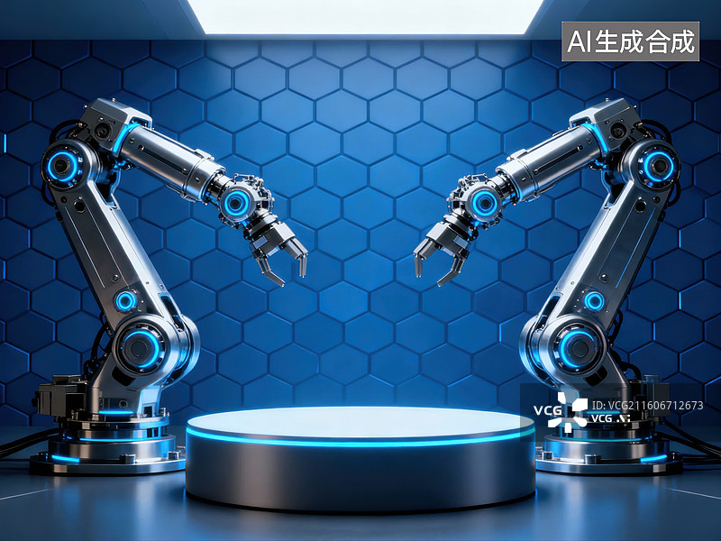 【AI数字艺术】双机械臂环绕圆形平台图片素材
