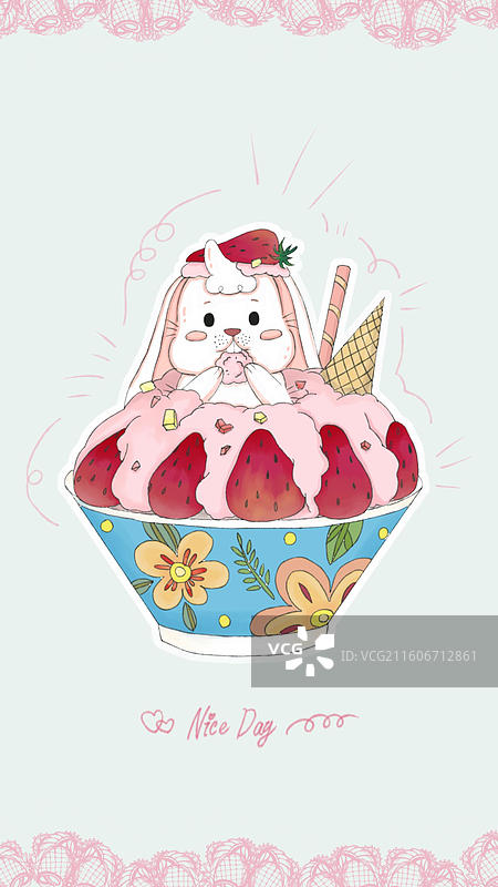 小兔在草莓刨冰里捉迷藏图片素材