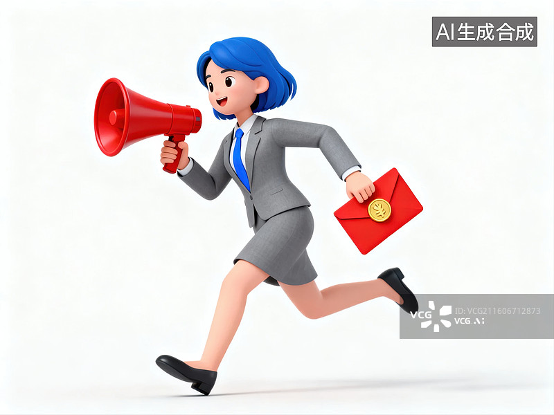 【AI数字艺术】奔跑的女性手持扩音器和信封图片素材