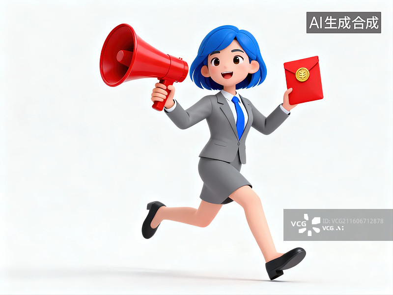 【AI数字艺术】卡通女性手持扩音器奔跑图片素材