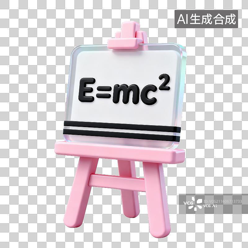 【AI数字艺术】3D磨砂玻璃材质教育主题物理课带有质能方程的白板在画架上元素图片素材