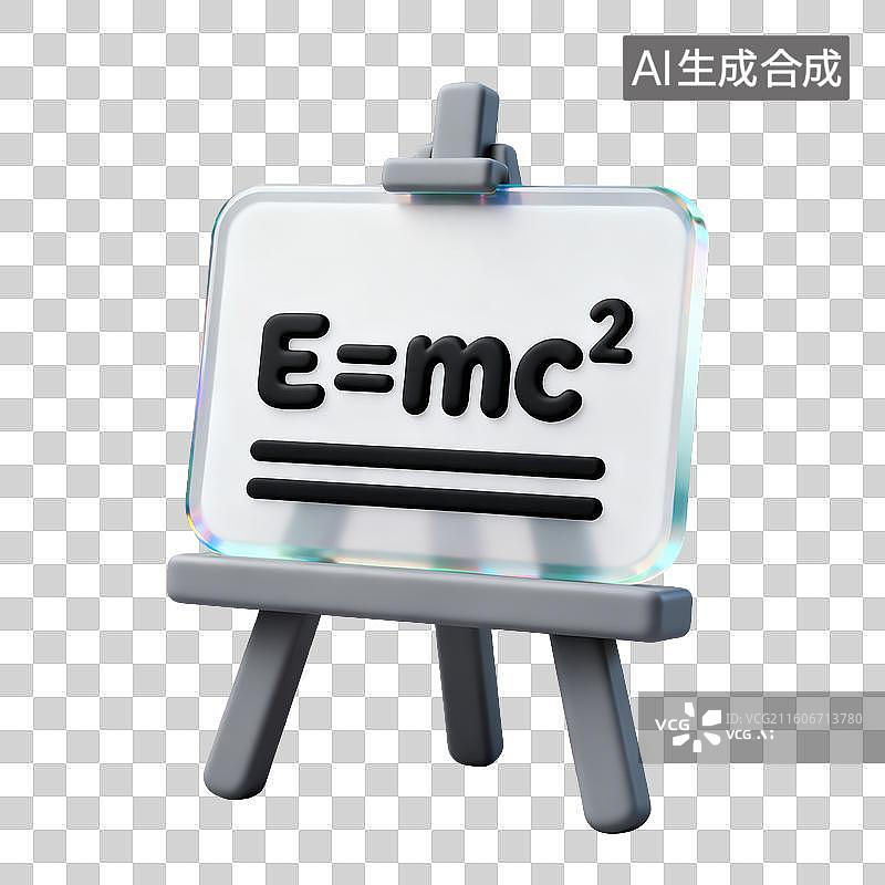 【AI数字艺术】3D磨砂玻璃材质教育主题物理课带有质能方程的白板在画架上元素图片素材