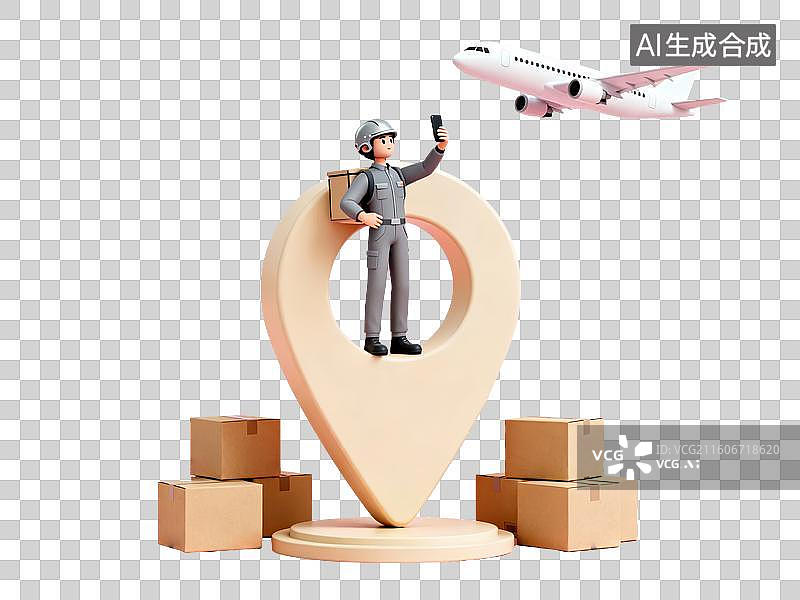 【AI数字艺术】快递员站在定位图标上，周围有包裹和飞机图片素材