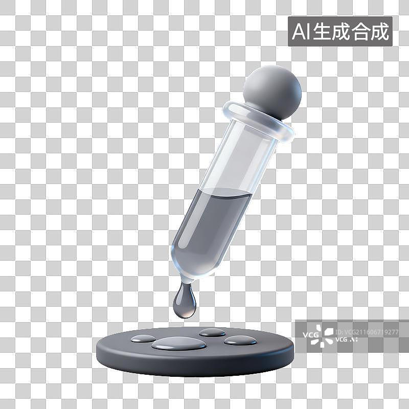 【AI数字艺术】3D磨砂玻璃材质教育主题化学课滴管内有液体向下滴落元素图片素材