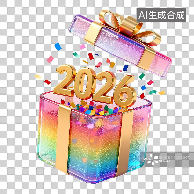 【AI数字艺术】打开3D彩虹色的礼品盒，惊喜飞出纸屑和金色2026年数字和红包，马年大吉祝贺元素图片素材