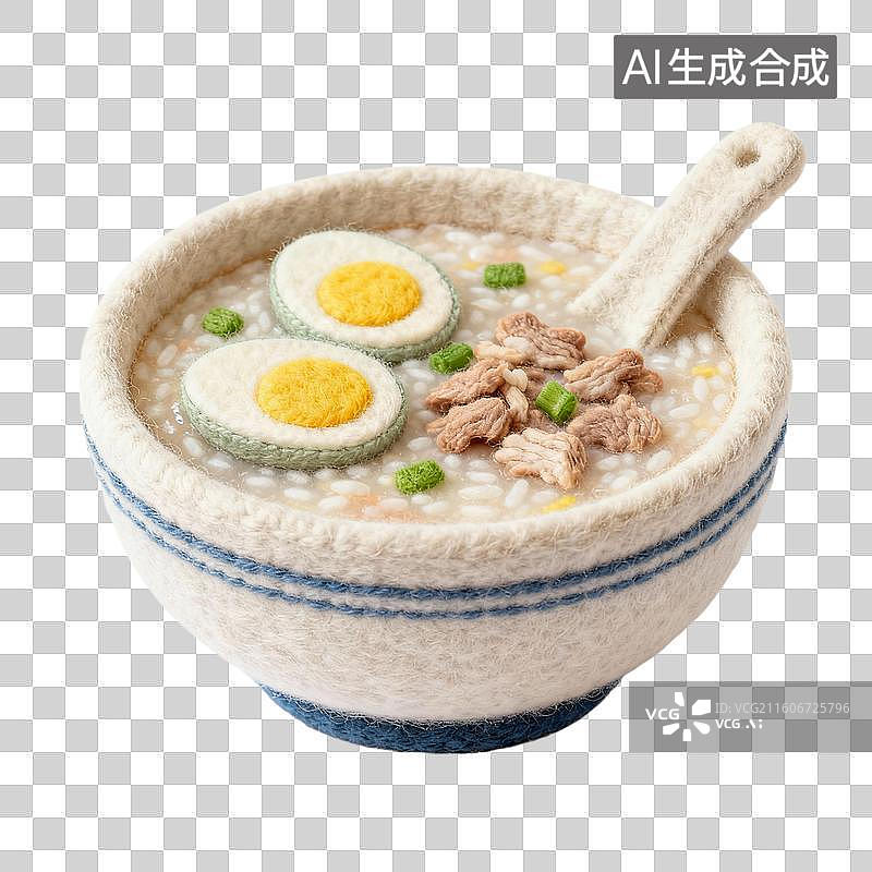 【AI数字艺术】3D羊毛毡风格美食零食小吃成品菜肴元素皮蛋瘦肉粥图片素材