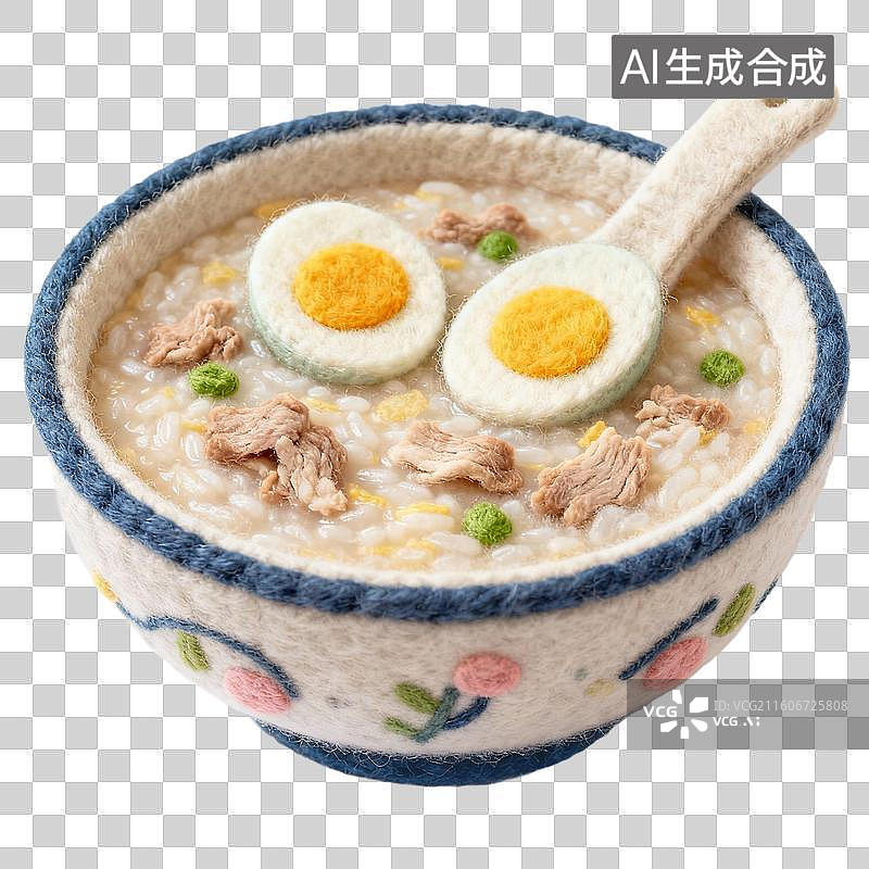 【AI数字艺术】3D羊毛毡风格美食零食小吃成品菜肴元素皮蛋瘦肉粥图片素材