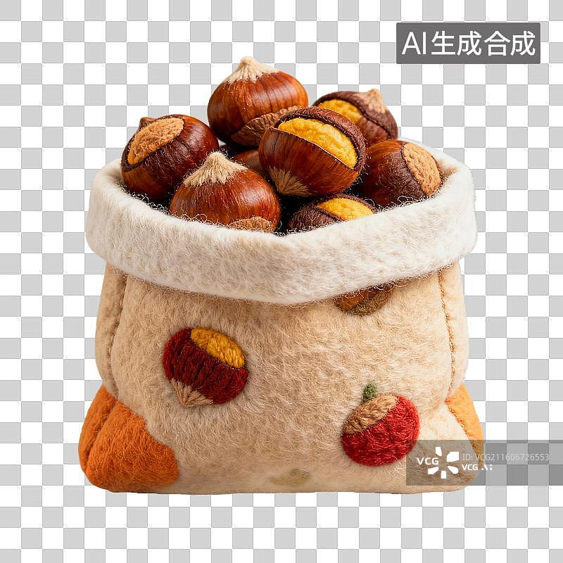 【AI数字艺术】3D羊毛毡风格美食零食小吃成品菜肴元素糖炒栗子图片素材