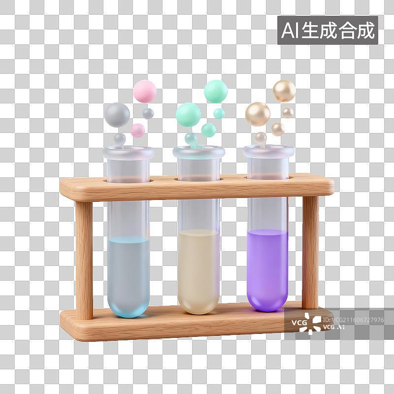 【AI数字艺术】3D磨砂玻璃材质教育主题化学课试管架上放置三支试管元素图片素材