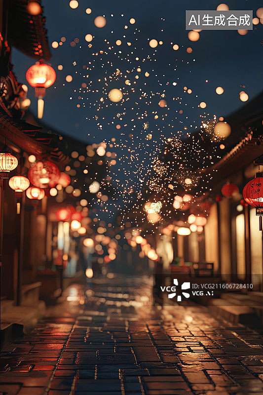 【AI数字艺术】夜市灯火与飘雪街景图片素材