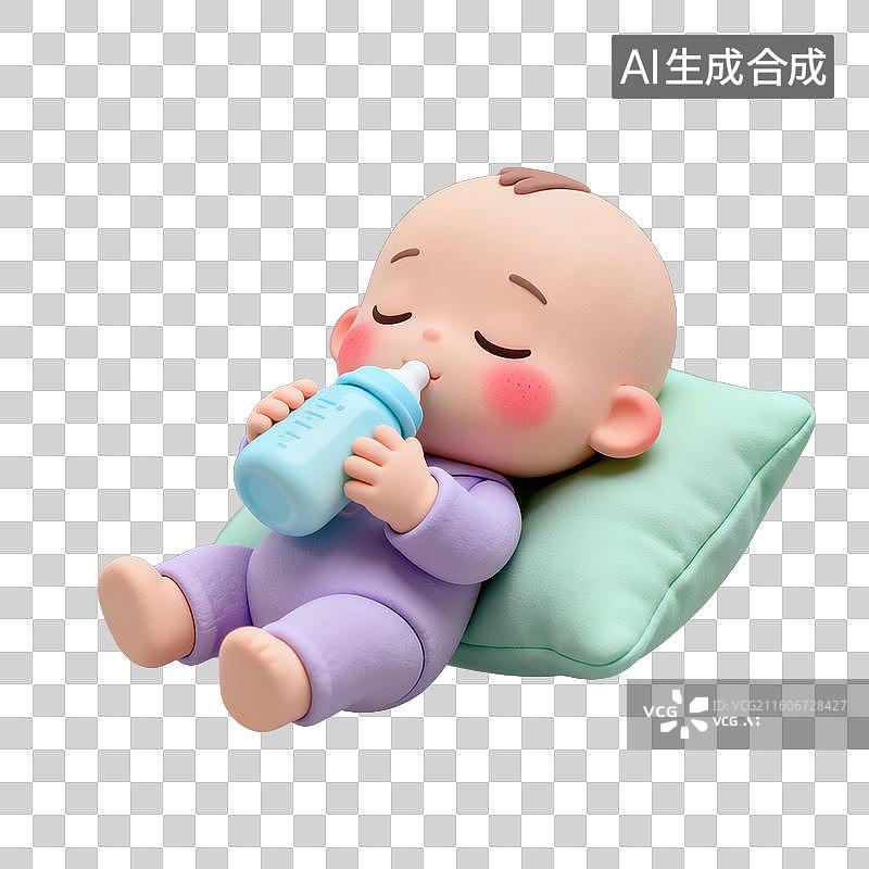 【AI数字艺术】3D粘土风格母婴亲子婴儿靠在枕头上喝奶瓶元素图片素材