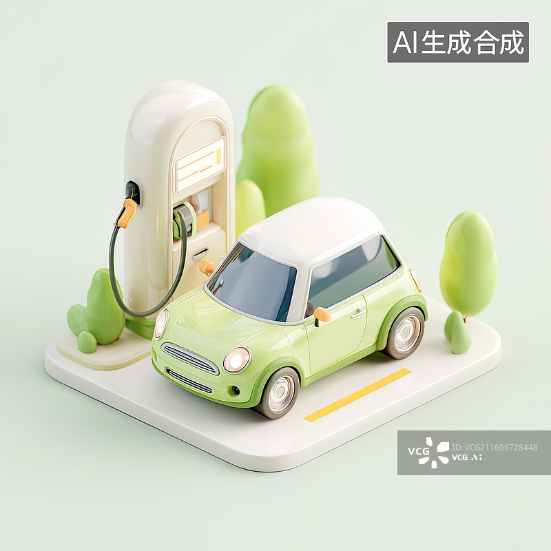 【AI数字艺术】绿色汽车充电场景模型图片素材