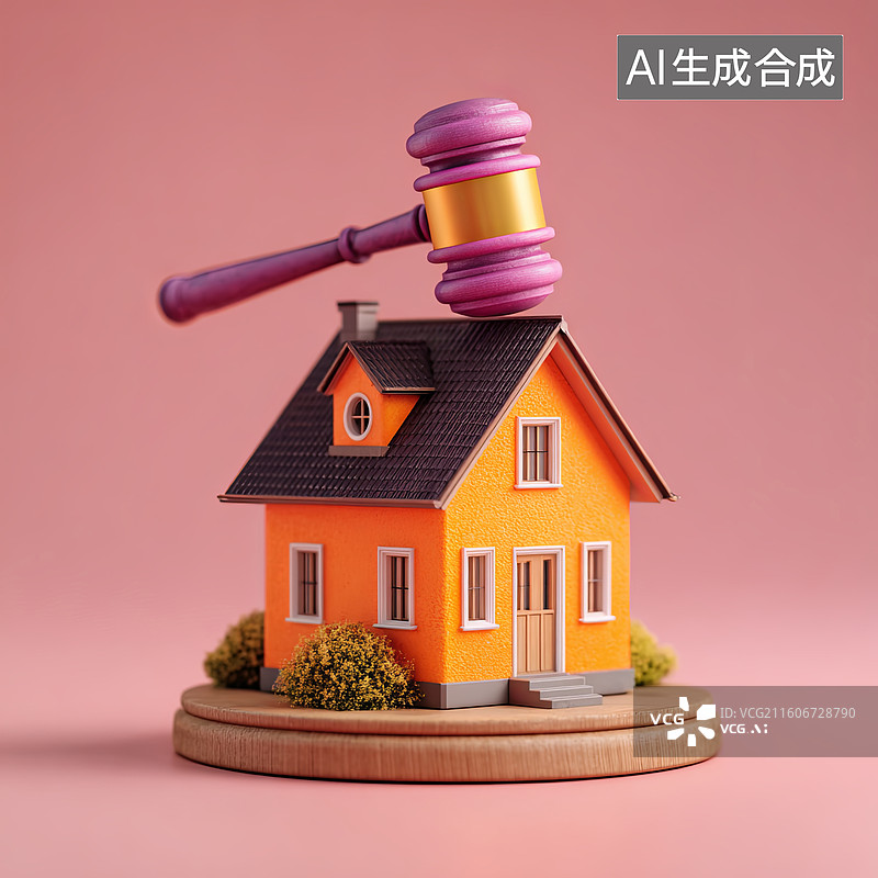 【AI数字艺术】法槌压在房屋模型上图片素材