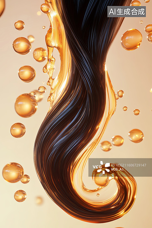 【AI数字艺术】流动的黑色发丝与金色油滴图片素材
