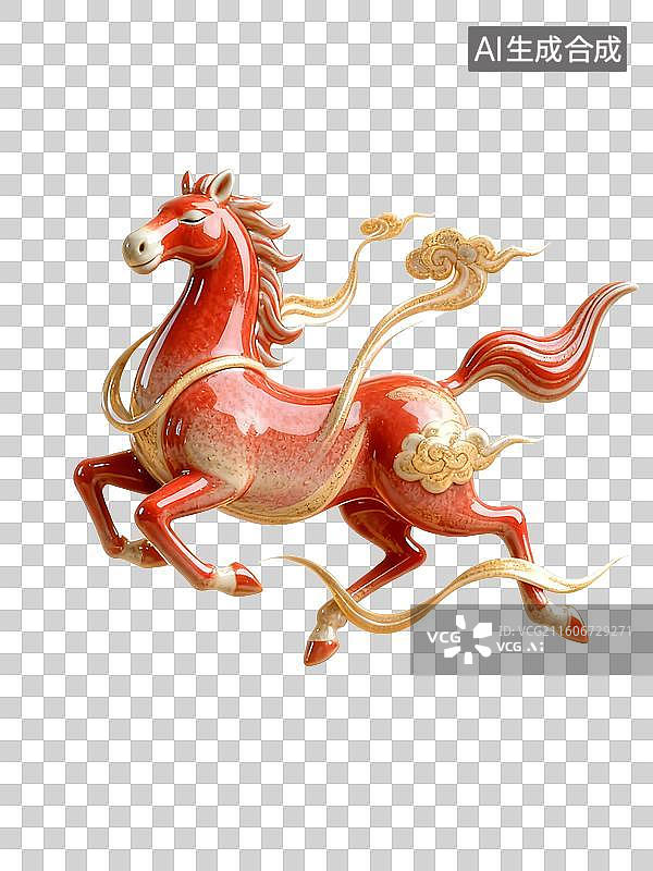 【AI数字艺术】3D优美飘逸红色奔跑的骏马陶瓷工艺品，免扣元素图片素材