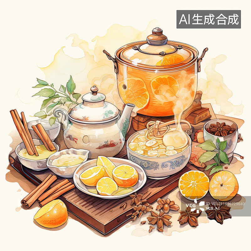 【AI数字艺术】热饮食材与茶具摆设图片素材