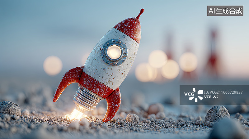 【AI数字艺术】火箭模型在沙滩上发光图片素材