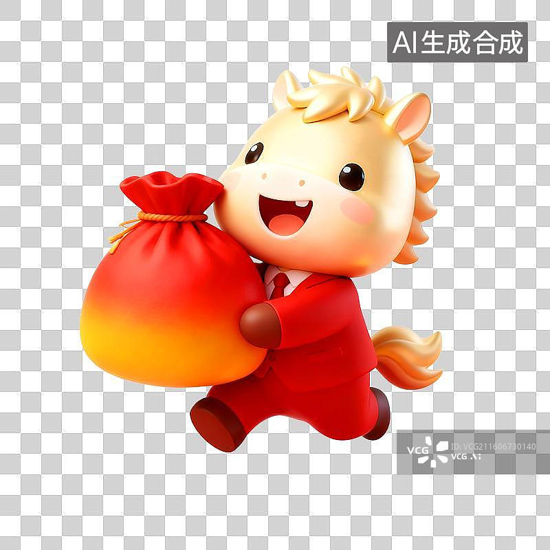 【AI数字艺术】3D穿着红色西装的可爱拟人马年金色小马拿着红色福袋跑来图片素材