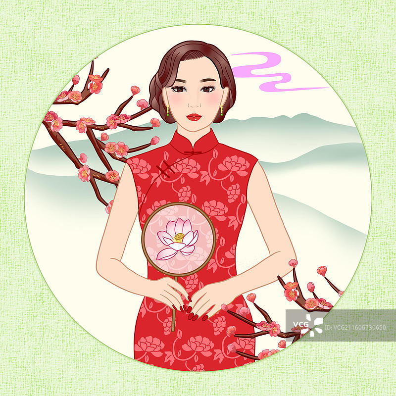 旗袍美女手绘插画图片素材