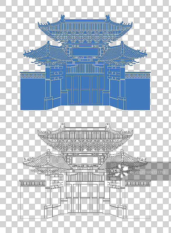 城市地标建筑剪影剪纸风格线条矢量插画—安阳 岳飞庙图片素材