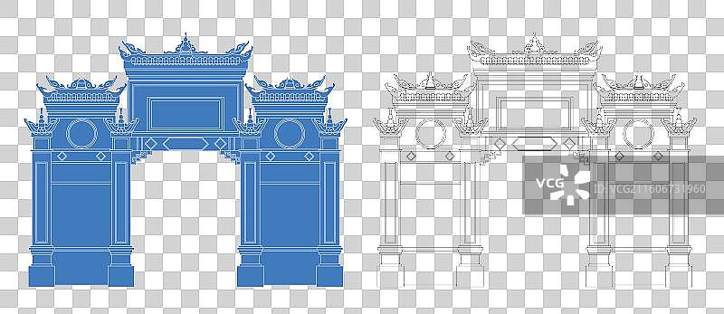 城市地标建筑剪影剪纸风格线条矢量插画—常德 桃花源图片素材