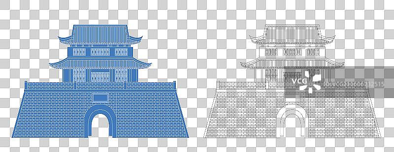 城市地标建筑剪影剪纸风格线条矢量插画—淮安 镇淮楼图片素材