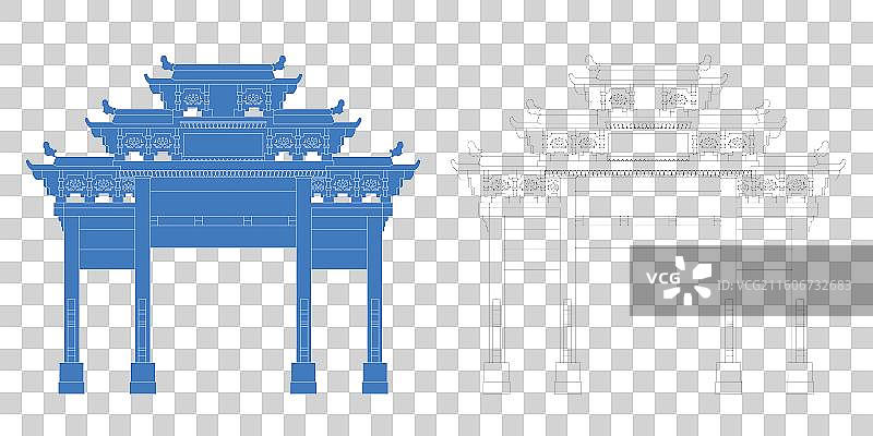城市地标建筑剪影剪纸风格线条矢量插画—景德镇 瑶里古镇图片素材