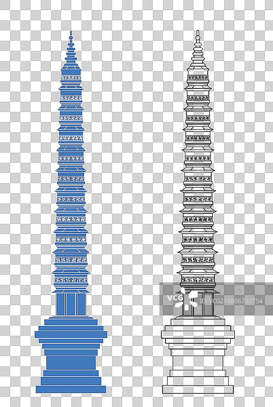 城市地标建筑剪影剪纸风格线条矢量插画—聊城 护国寺铁塔 聊城铁塔图片素材