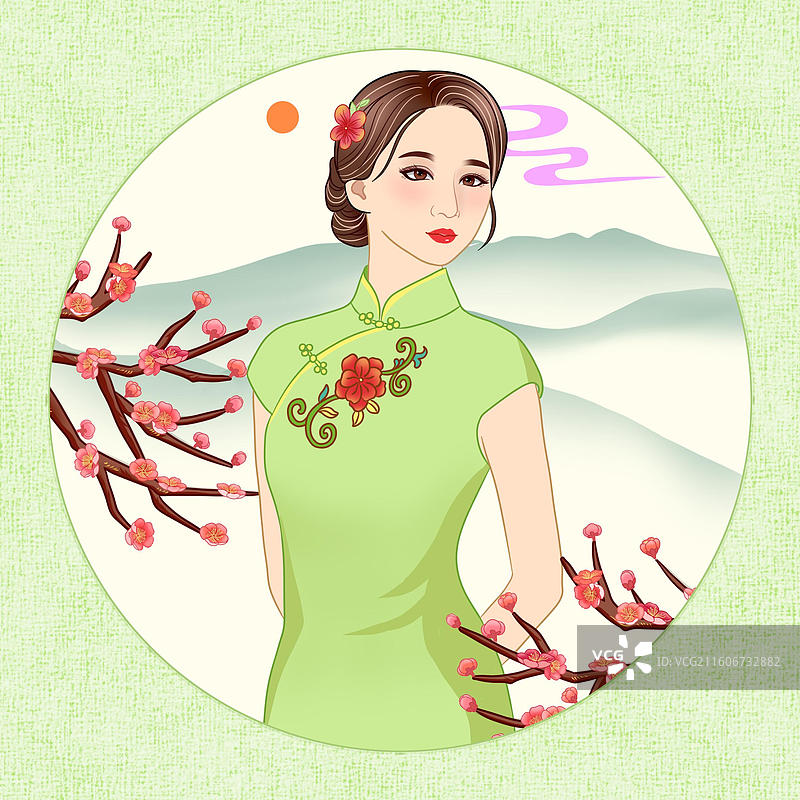 旗袍美女手绘插画图片素材