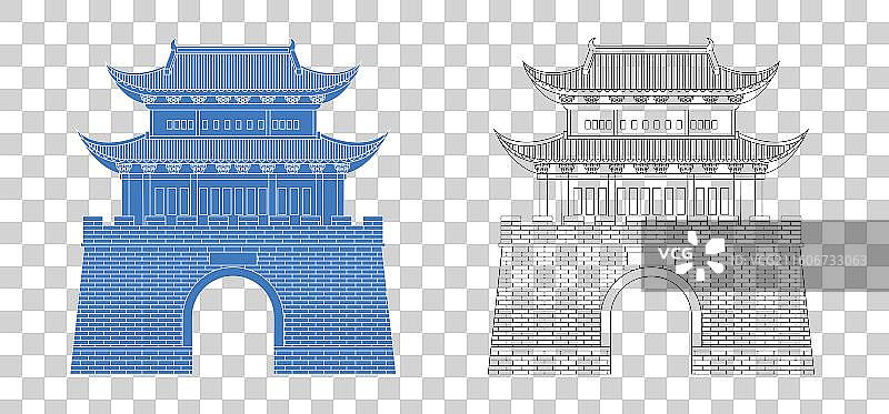 城市地标建筑剪影剪纸风格线条矢量插画—衢州 大南门图片素材