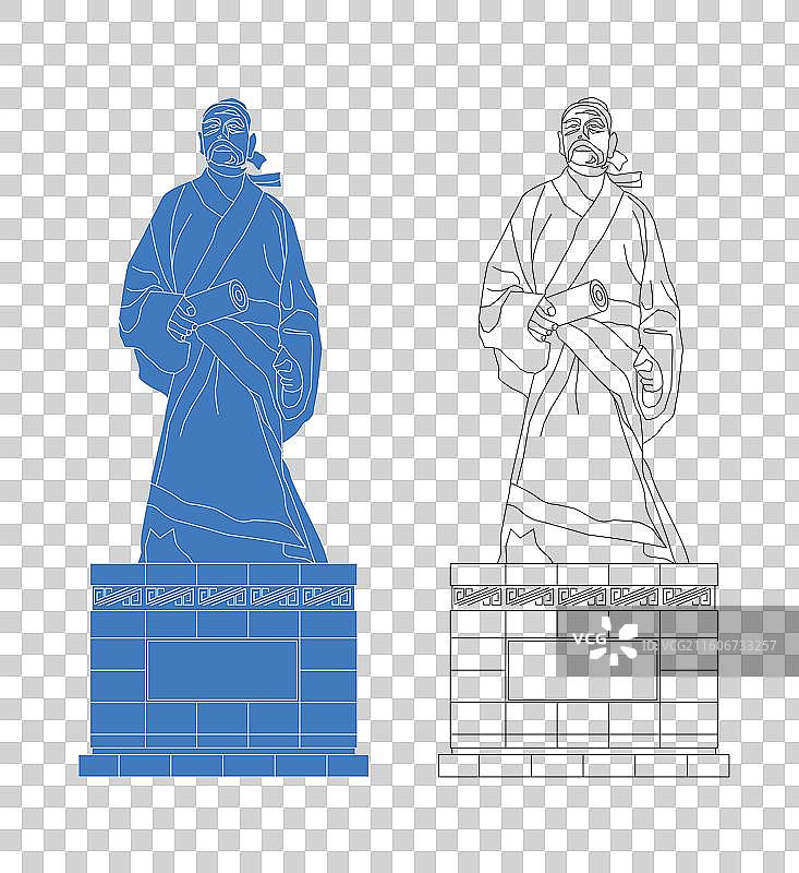 城市地标建筑剪影剪纸风格线条矢量插画—渭南 桃花源 司马迁祠景区图片素材