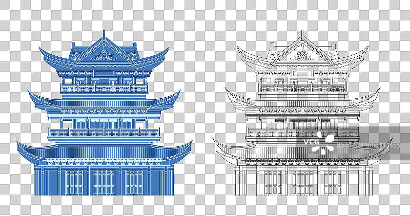 城市地标建筑剪影剪纸风格线条矢量插画—宜宾夹镜楼图片素材