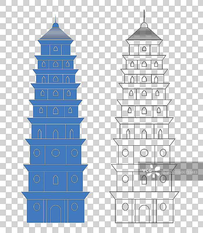 城市地标建筑剪影剪纸风格线条矢量插画—宜宾三江口 东雁塔图片素材