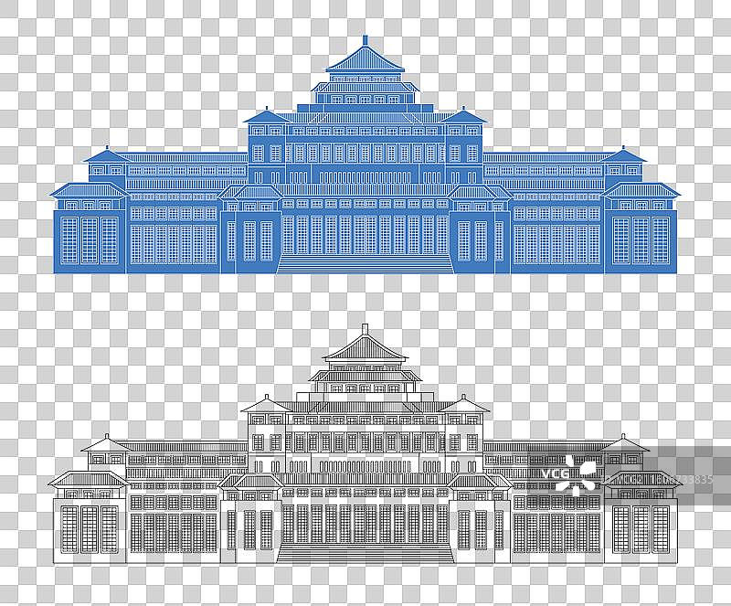 城市地标建筑剪影剪纸风格线条矢量插画—周口 周口博物馆图片素材