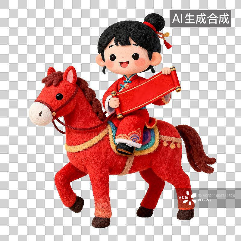 【AI数字艺术】3D渲染，穿着传统服装的女孩骑着小红马，拿着卷轴，迎接2026年春节马年新年图片素材