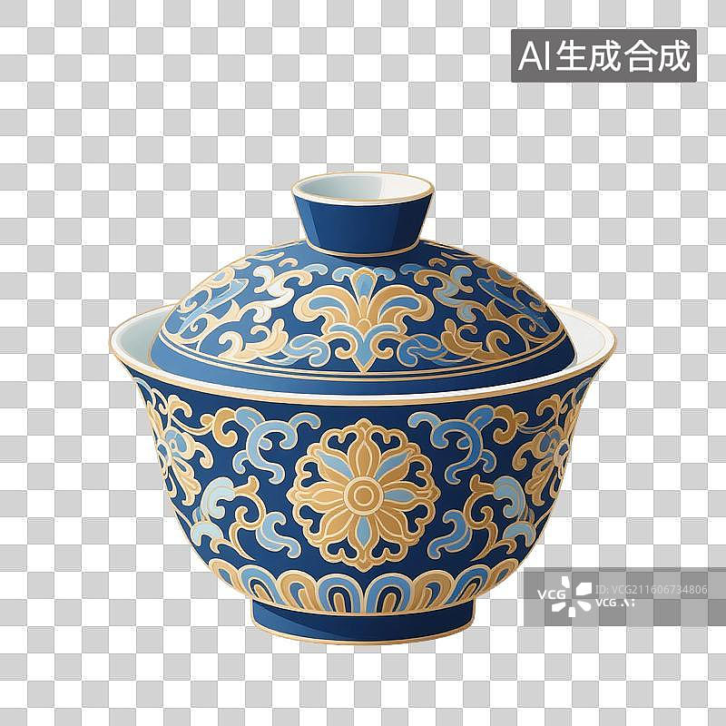 【AI数字艺术】国风手绘插画，盖碗茶，茶盏，茶杯茶具，瓷器，茶道，茶文化，喝茶饮茶免抠元素图片素材