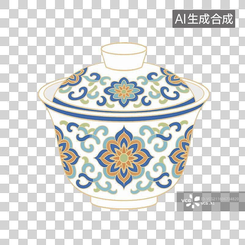 【AI数字艺术】国风手绘插画，盖碗茶，茶盏，茶杯茶具，瓷器，茶道，茶文化，喝茶饮茶免抠元素图片素材