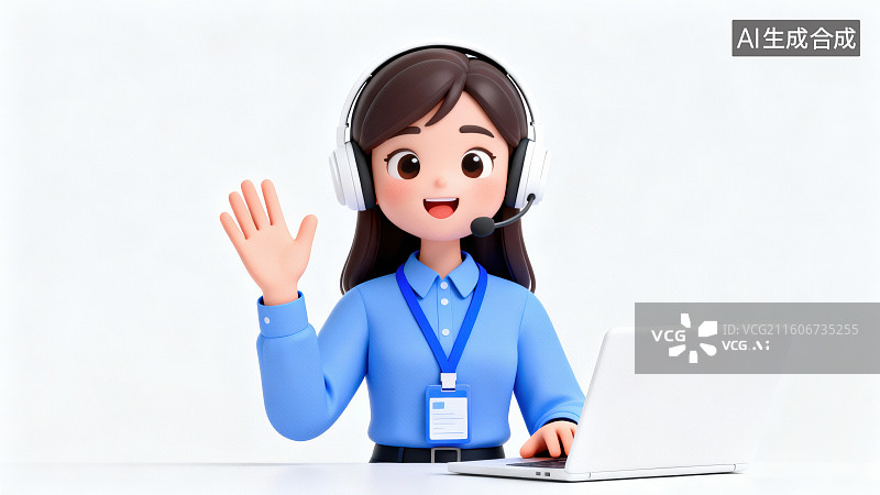 【AI数字艺术】客服人员使用耳机挥手图片素材