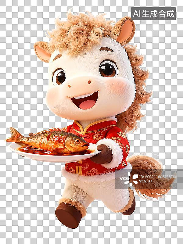 【AI数字艺术】3D毛绒绒国潮风可爱拟人小马捧着一盘红烧鱼欢快的跑来参加年夜饭聚会图片素材